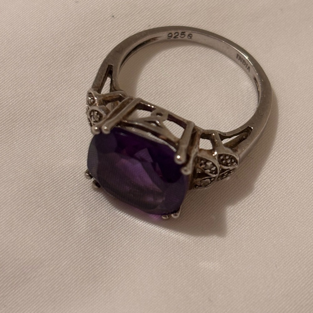 Sterling Silver Purple Cushion-Cut Ring with Vintage Filigree
